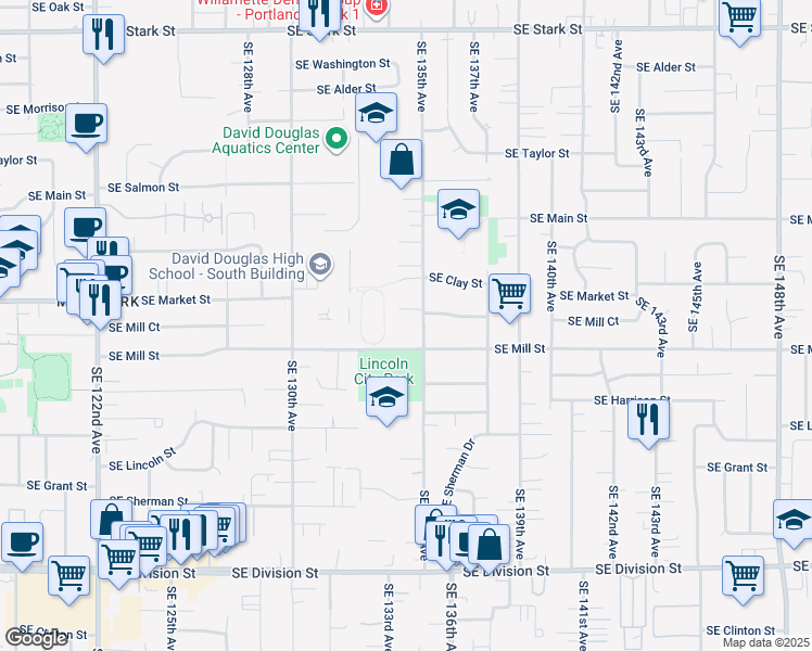 map of restaurants, bars, coffee shops, grocery stores, and more near 1707 Southeast 135th Avenue in Portland