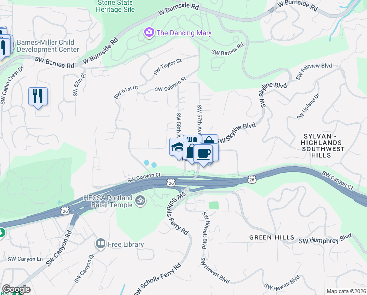 map of restaurants, bars, coffee shops, grocery stores, and more near 5753 Clay Court in Portland