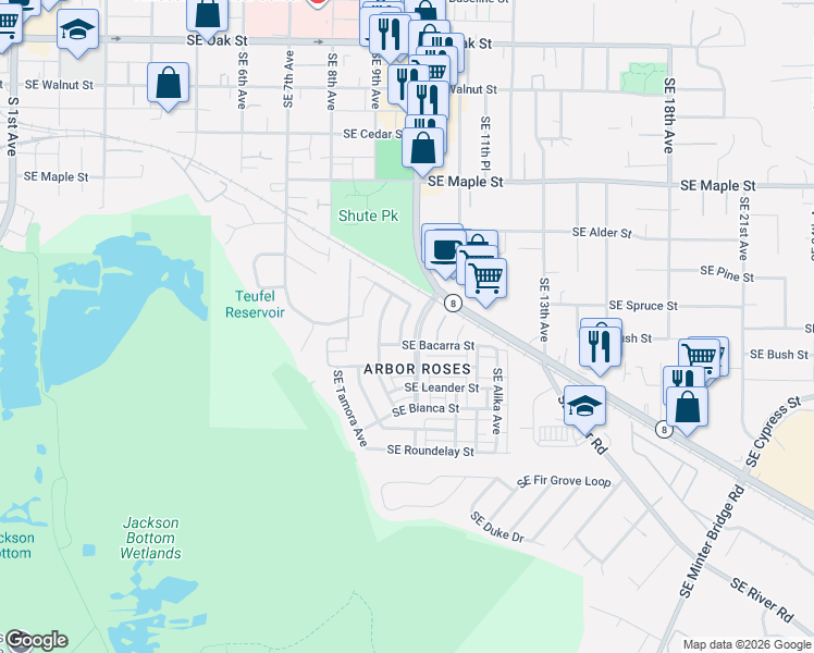 map of restaurants, bars, coffee shops, grocery stores, and more near 903 Southeast Elina Avenue in Hillsboro