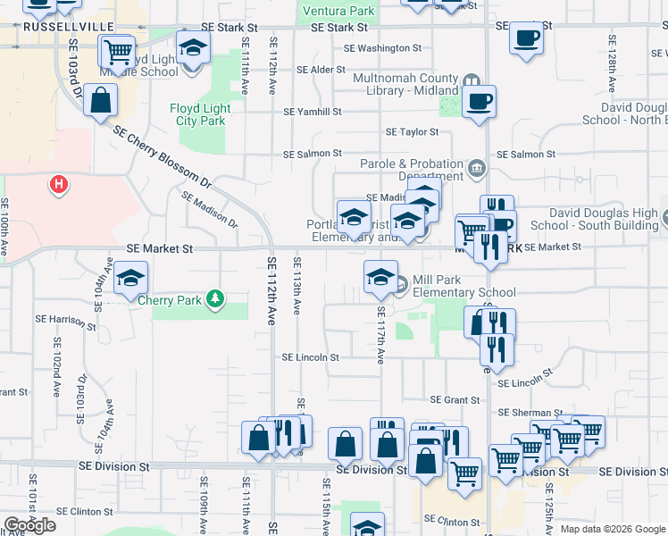 map of restaurants, bars, coffee shops, grocery stores, and more near 1776 Southeast 114th Place in Portland