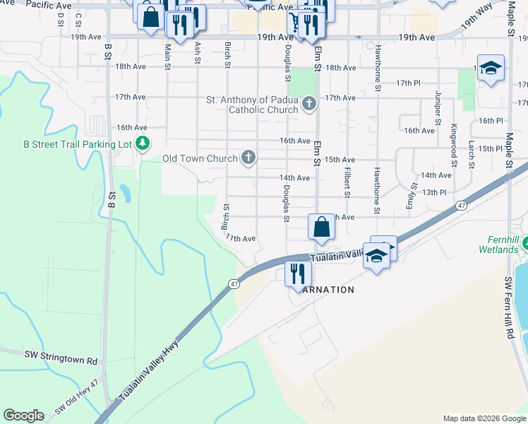 map of restaurants, bars, coffee shops, grocery stores, and more near 2302 13th Avenue in Forest Grove