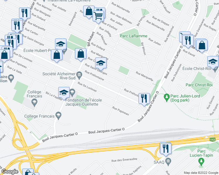 map of restaurants, bars, coffee shops, grocery stores, and more near 2565 Rue Sainte-Hélène in Longueuil
