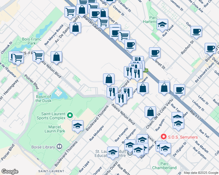 map of restaurants, bars, coffee shops, grocery stores, and more near 1375 Boulevard Alexis-Nihon in Montréal