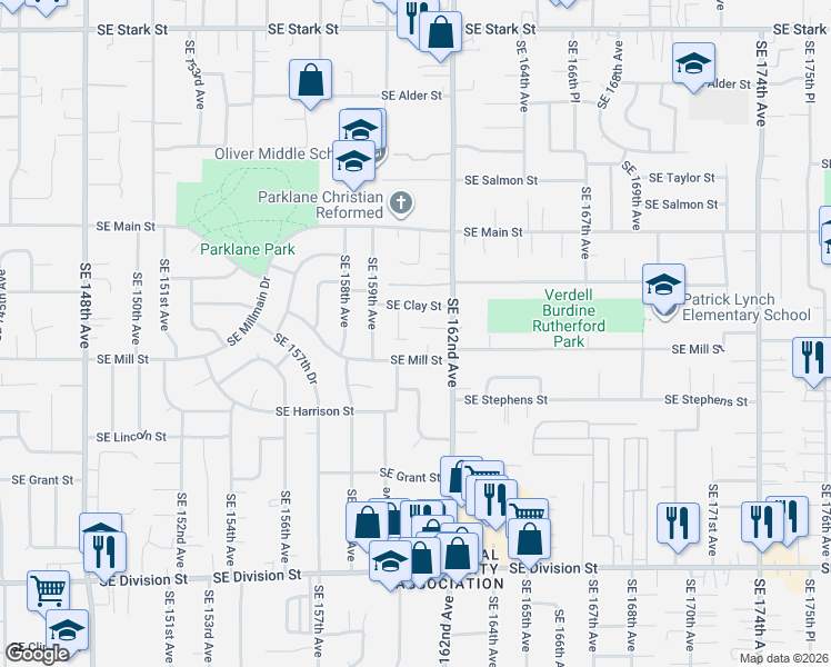 map of restaurants, bars, coffee shops, grocery stores, and more near 1633 Southeast 162nd Avenue in Portland