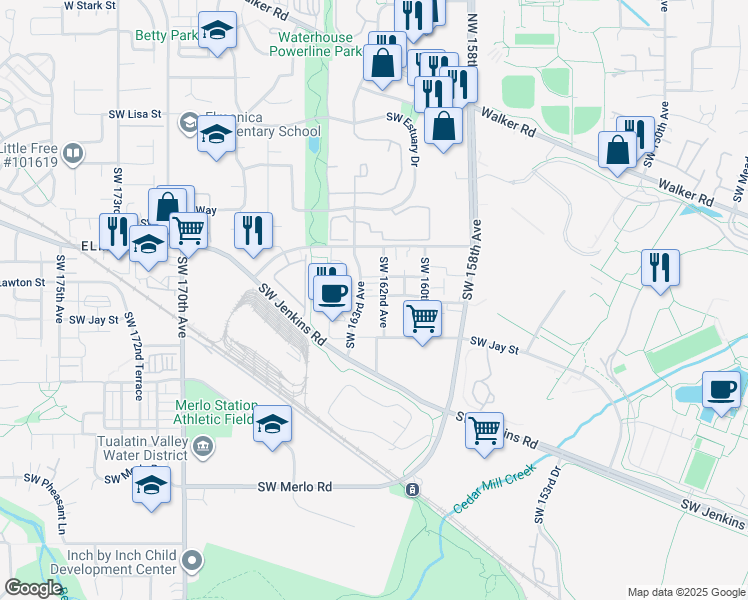 map of restaurants, bars, coffee shops, grocery stores, and more near 16220 Southwest Gage Lane in Beaverton