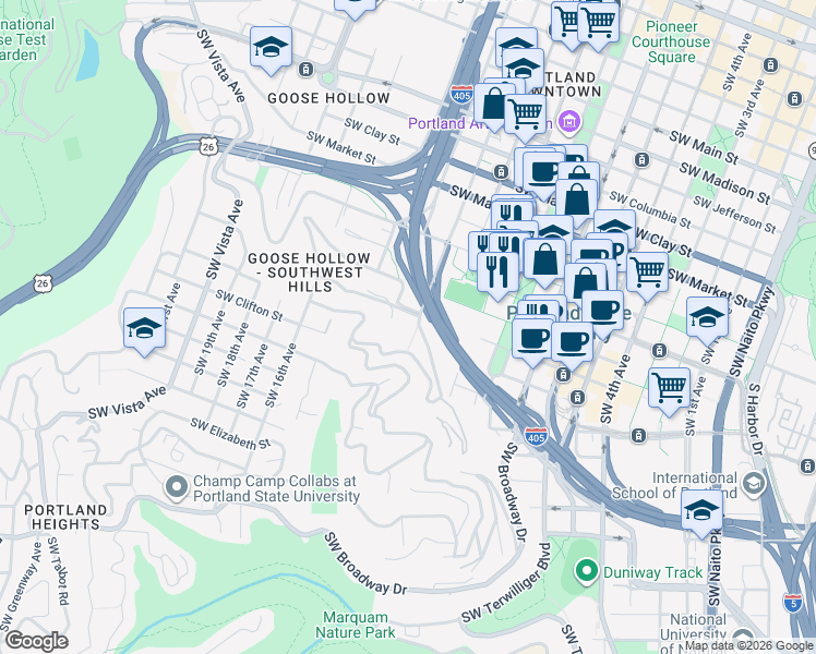 map of restaurants, bars, coffee shops, grocery stores, and more near 1205 Southwest Cardinell Drive in Portland