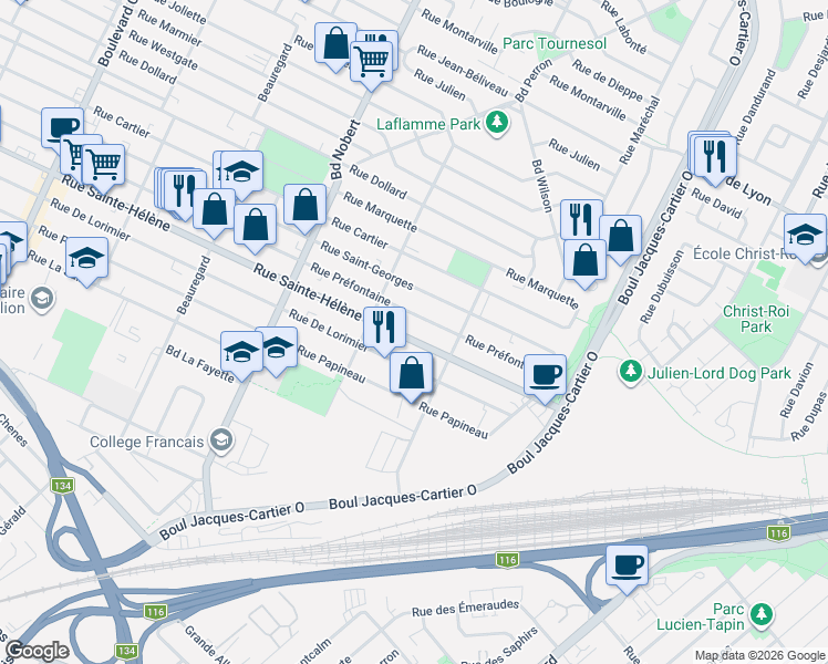 map of restaurants, bars, coffee shops, grocery stores, and more near 2563 Rue Sainte-Hélène in Longueuil