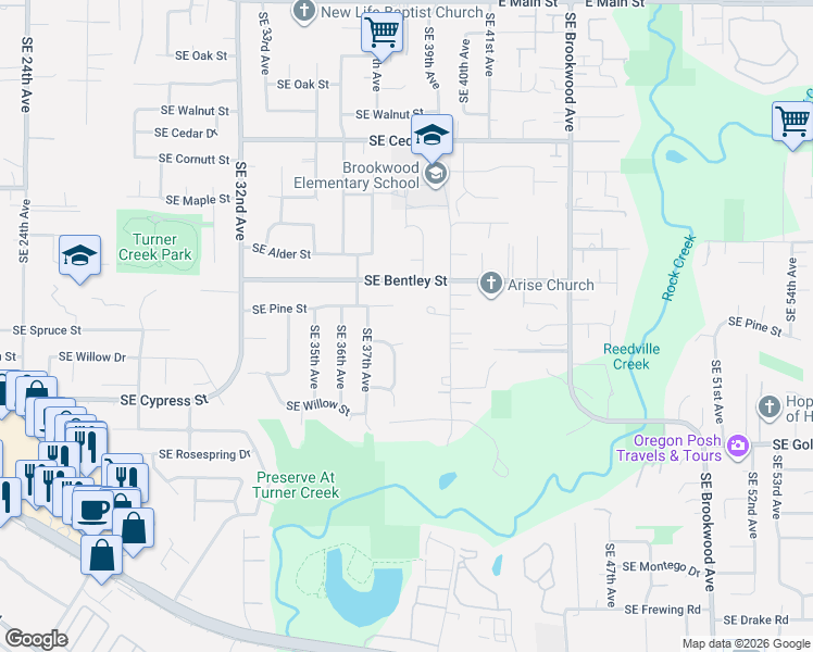 map of restaurants, bars, coffee shops, grocery stores, and more near 3868 Southeast Pine Street in Hillsboro