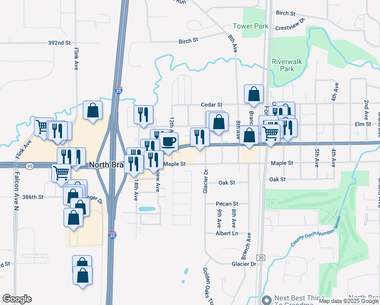 map of restaurants, bars, coffee shops, grocery stores, and more near 38860 10th Avenue in North Branch