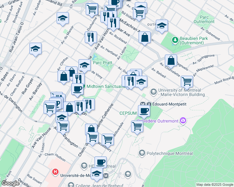map of restaurants, bars, coffee shops, grocery stores, and more near 729a Chemin de la Côte-Sainte-Catherine in Montréal
