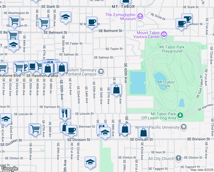 map of restaurants, bars, coffee shops, grocery stores, and more near 1615 Southeast 57th Avenue in Portland