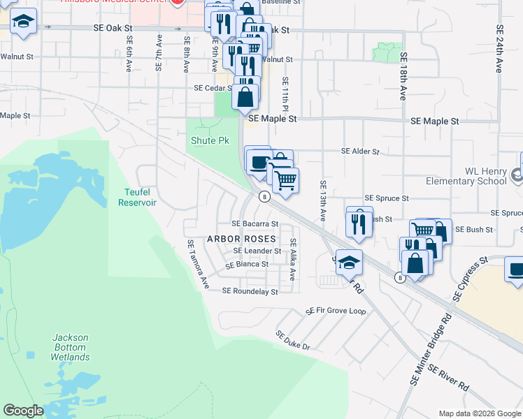 map of restaurants, bars, coffee shops, grocery stores, and more near 1057 Southeast Tualatin Valley Highway in Hillsboro