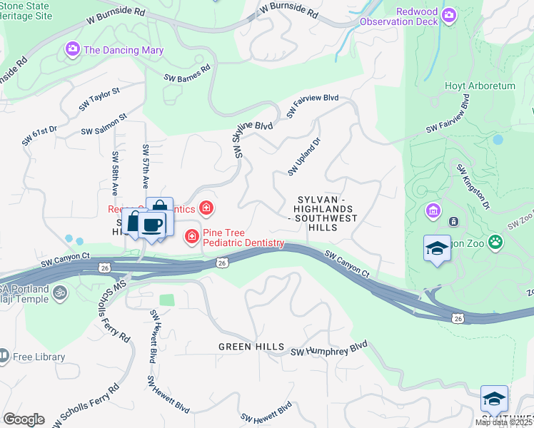 map of restaurants, bars, coffee shops, grocery stores, and more near 1633 Southwest Highland Parkway in Portland