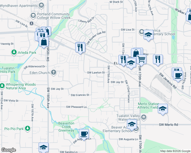 map of restaurants, bars, coffee shops, grocery stores, and more near 17675 Southwest Lawton Street in Beaverton