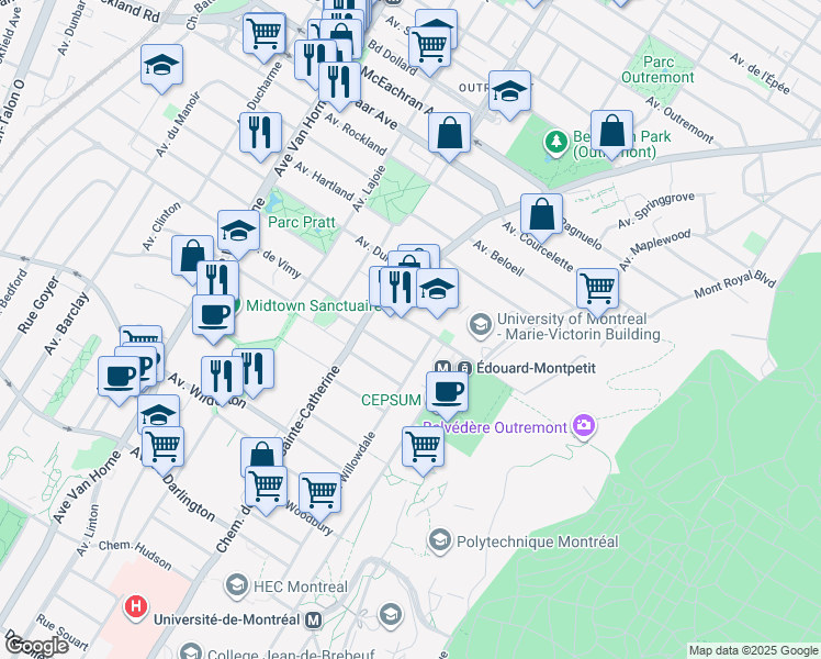 map of restaurants, bars, coffee shops, grocery stores, and more near 25 Avenue Vincent-D'Indy in Montréal