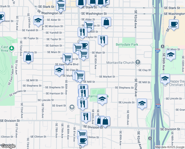 map of restaurants, bars, coffee shops, grocery stores, and more near 1542 Southeast 84th Avenue in Portland