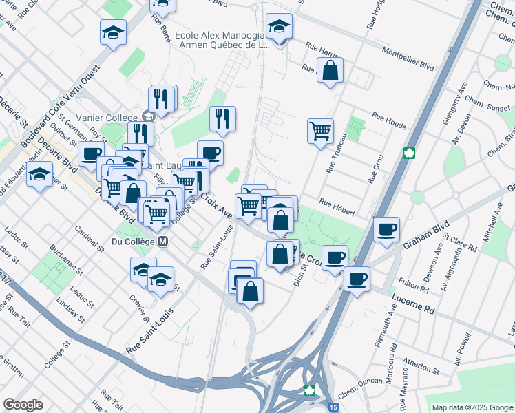 map of restaurants, bars, coffee shops, grocery stores, and more near in Montreal