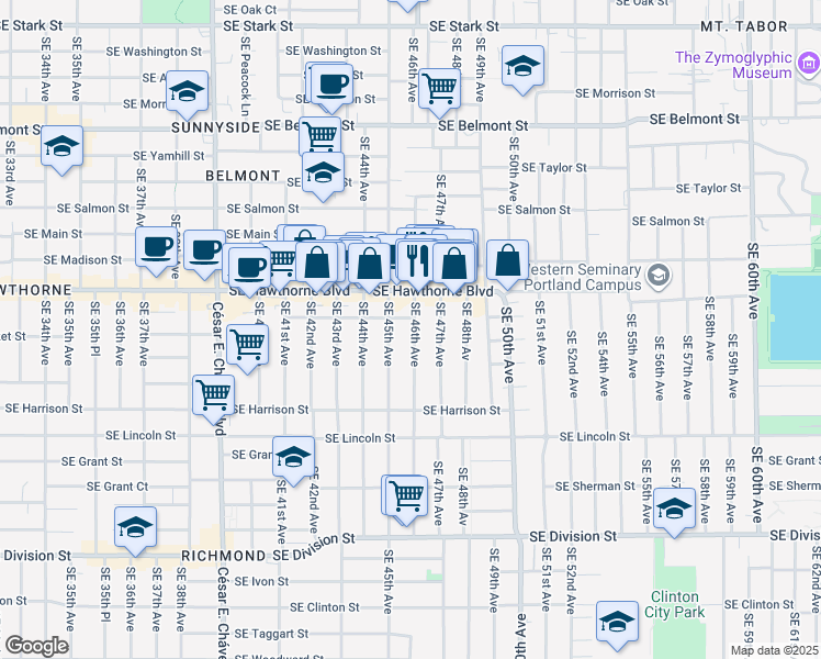 map of restaurants, bars, coffee shops, grocery stores, and more near 1615 Southeast 46th Avenue in Portland