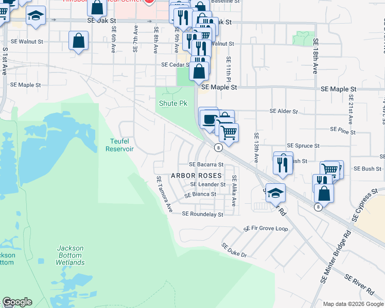 map of restaurants, bars, coffee shops, grocery stores, and more near 936 Southeast Elina Avenue in Hillsboro