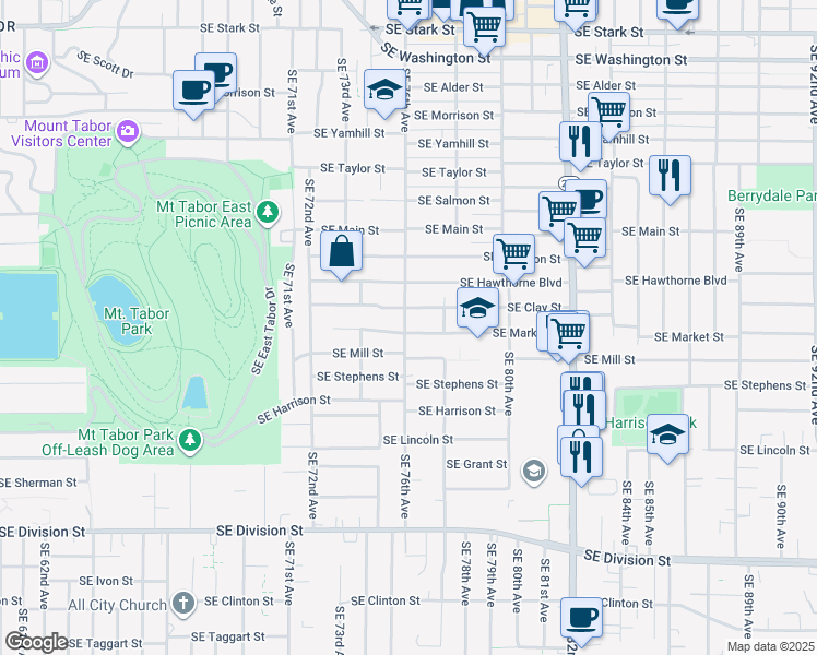 map of restaurants, bars, coffee shops, grocery stores, and more near 1626 Southeast 76th Avenue in Portland