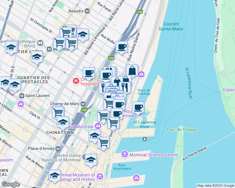 map of restaurants, bars, coffee shops, grocery stores, and more near 456 Rue Notre-Dame Est in Montréal