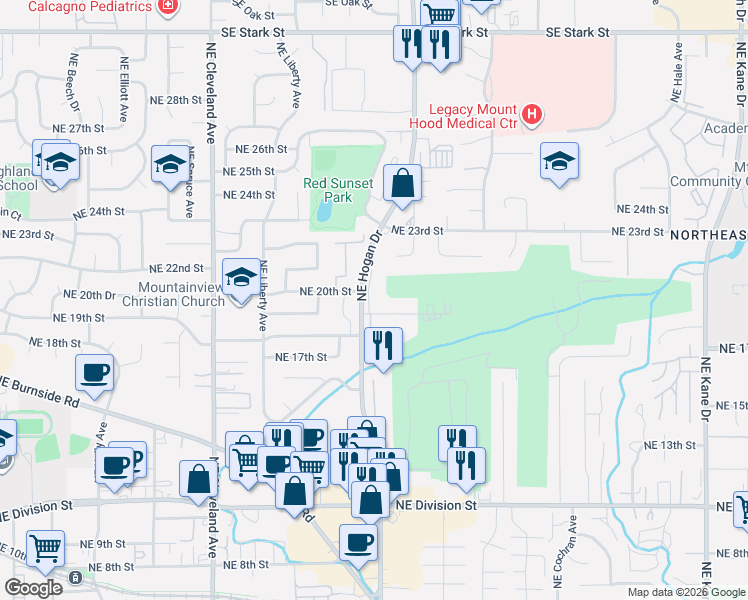 map of restaurants, bars, coffee shops, grocery stores, and more near 1773 Northeast 19th Street in Gresham