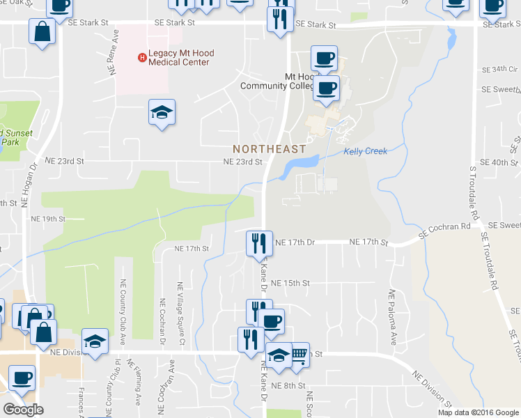 map of restaurants, bars, coffee shops, grocery stores, and more near 1975 Northeast Kane Drive in Gresham