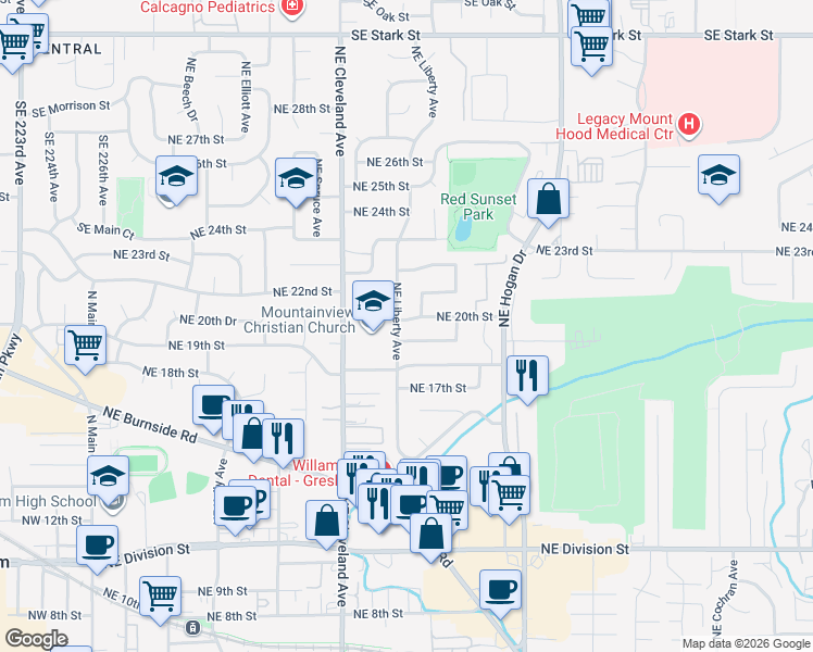 map of restaurants, bars, coffee shops, grocery stores, and more near 1421 Northeast 20th Street in Gresham