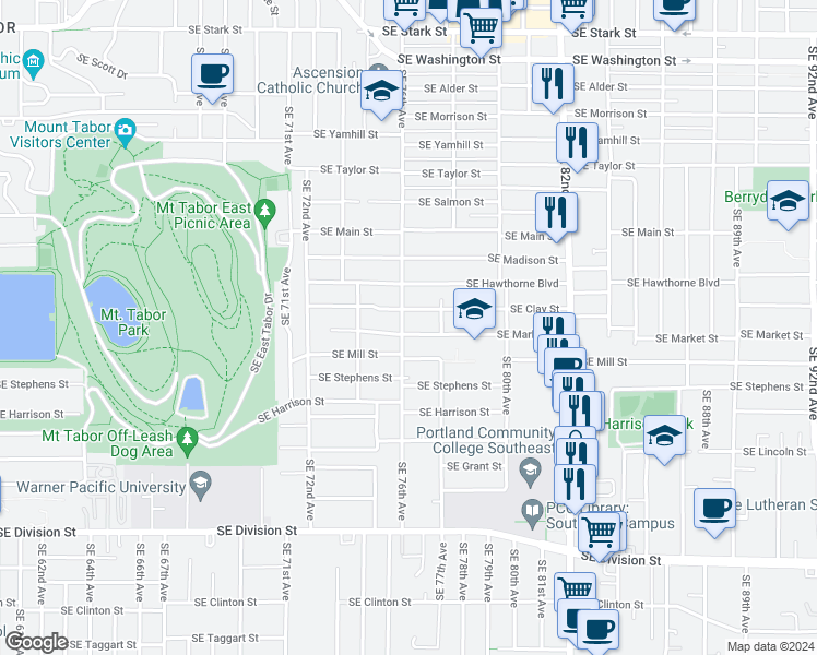map of restaurants, bars, coffee shops, grocery stores, and more near 7636 Southeast Clay Street in Portland