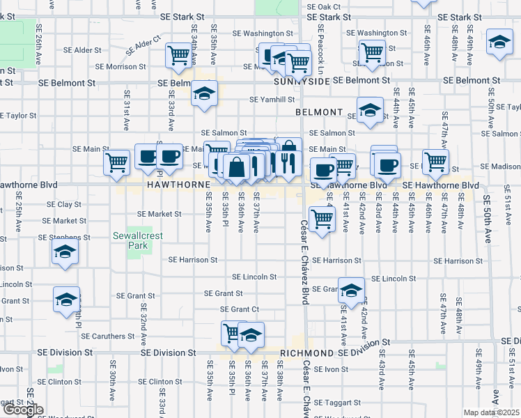 map of restaurants, bars, coffee shops, grocery stores, and more near 3735 Southeast Clay Street in Portland