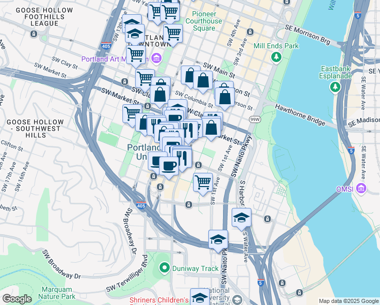 map of restaurants, bars, coffee shops, grocery stores, and more near 501 Southwest Mill Street in Portland