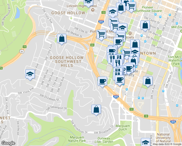 map of restaurants, bars, coffee shops, grocery stores, and more near 1205 Southwest Cardinell Drive in Portland