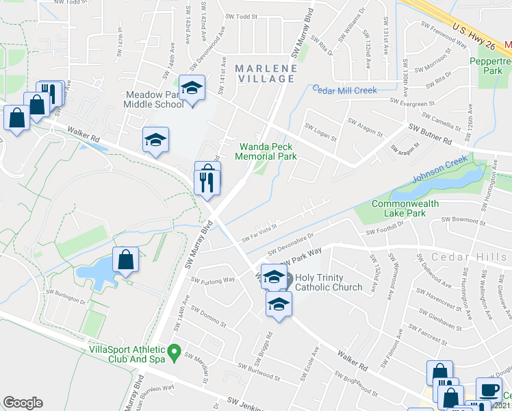 map of restaurants, bars, coffee shops, grocery stores, and more near 14095 Southwest Walker Road in Beaverton