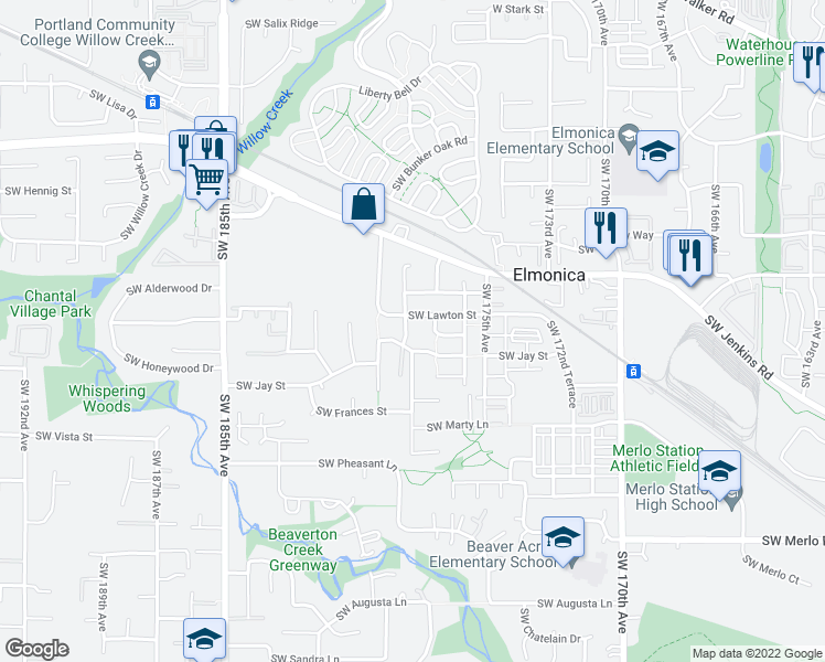 map of restaurants, bars, coffee shops, grocery stores, and more near 17845 Southwest Lawton Street in Beaverton
