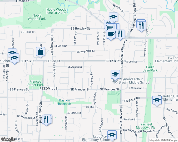 map of restaurants, bars, coffee shops, grocery stores, and more near 7080 Southeast Austin Drive in Hillsboro