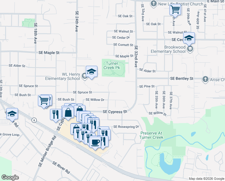 map of restaurants, bars, coffee shops, grocery stores, and more near 2883 Southeast Spruce Street in Hillsboro