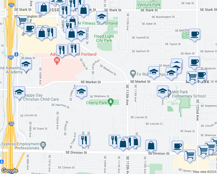 map of restaurants, bars, coffee shops, grocery stores, and more near 10919 Southeast Mill Court in Portland