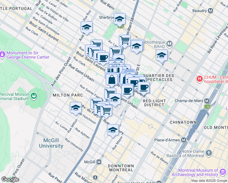 map of restaurants, bars, coffee shops, grocery stores, and more near 2129 Rue Saint-Urbain in Montréal