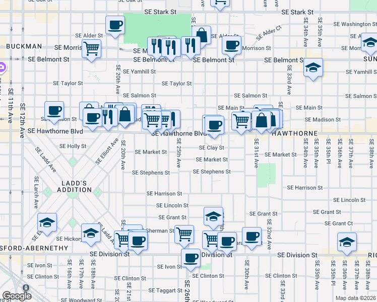 map of restaurants, bars, coffee shops, grocery stores, and more near 2540 Southeast Clay Street in Portland