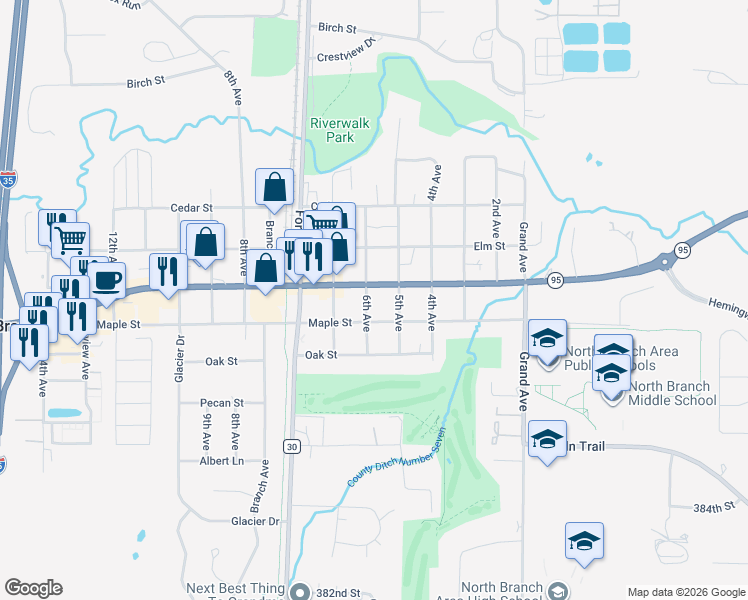map of restaurants, bars, coffee shops, grocery stores, and more near 6460 Minnesota 95 in North Branch