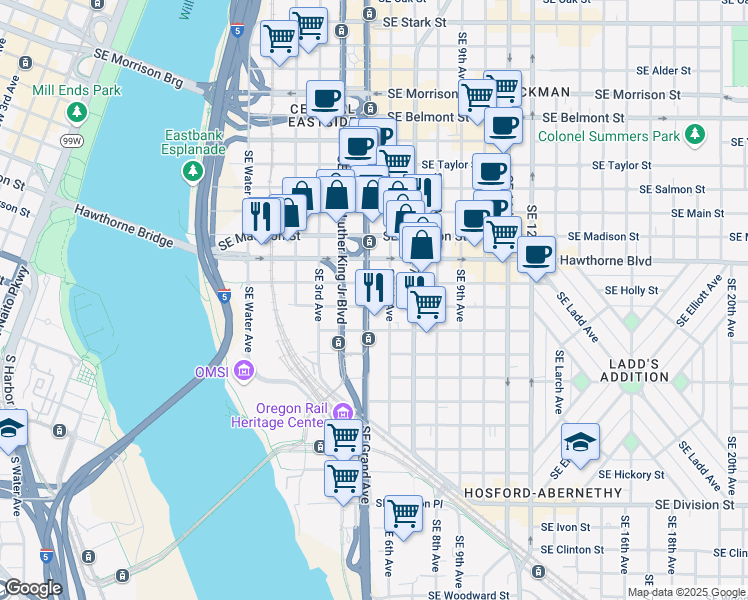 map of restaurants, bars, coffee shops, grocery stores, and more near 1624 Southeast Grand Avenue in Portland