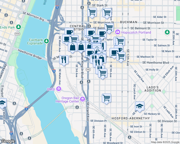 map of restaurants, bars, coffee shops, grocery stores, and more near 1624 Southeast Grand Avenue in Portland