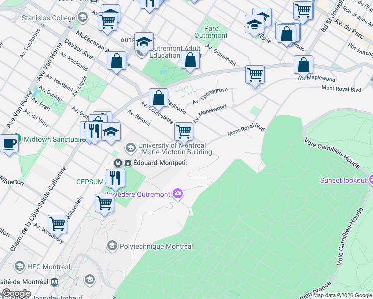 map of restaurants, bars, coffee shops, grocery stores, and more near 1420 Mont Royal Boulevard in Montrã©Al