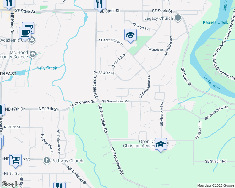 map of restaurants, bars, coffee shops, grocery stores, and more near 481 Southeast 43rd Circle in Troutdale