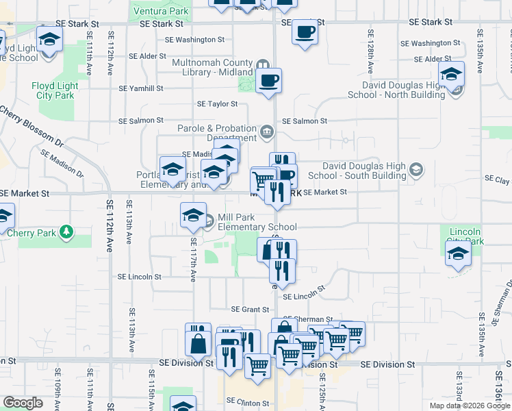 map of restaurants, bars, coffee shops, grocery stores, and more near 12086 Southeast Market Street in Portland