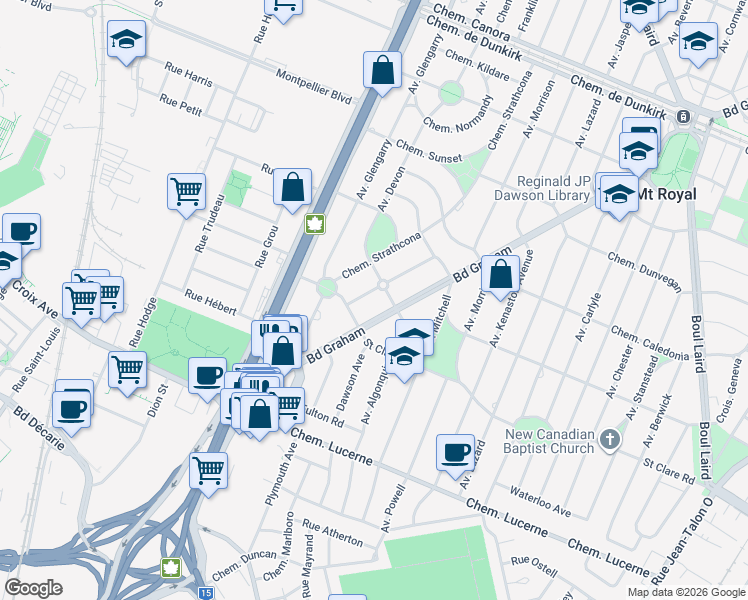 map of restaurants, bars, coffee shops, grocery stores, and more near 414 Avenue Grenfell in Mont-Royal
