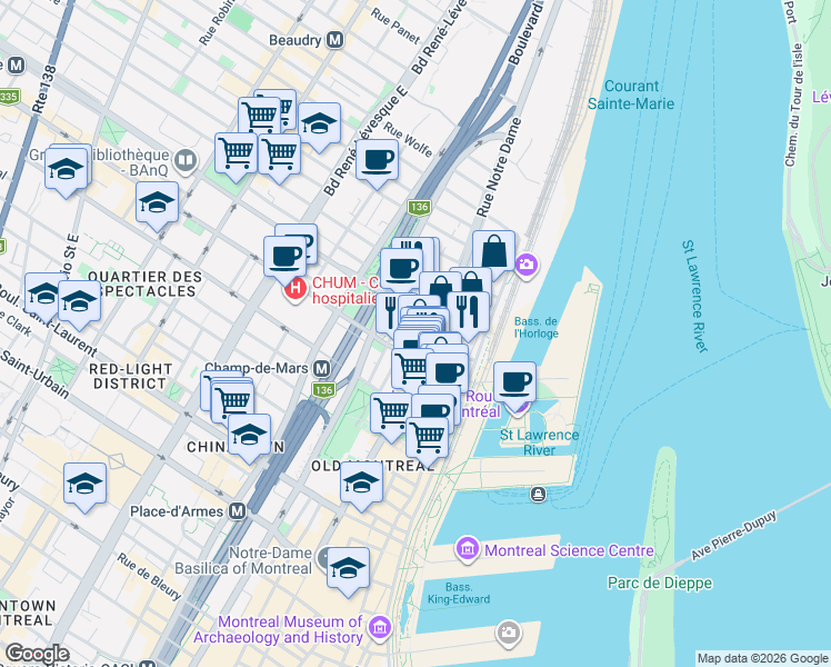 map of restaurants, bars, coffee shops, grocery stores, and more near 454 Champ de Mars Street in Montreal