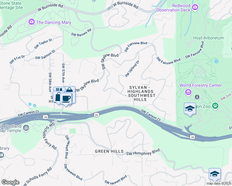 map of restaurants, bars, coffee shops, grocery stores, and more near 1633 Southwest Highland Parkway in Portland