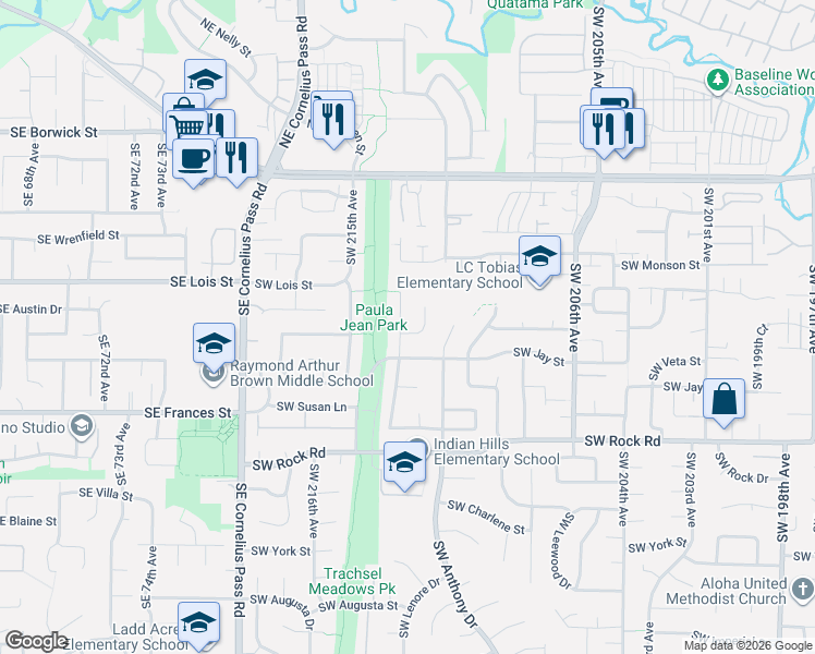 map of restaurants, bars, coffee shops, grocery stores, and more near 1214 Southwest 213th Avenue in Aloha