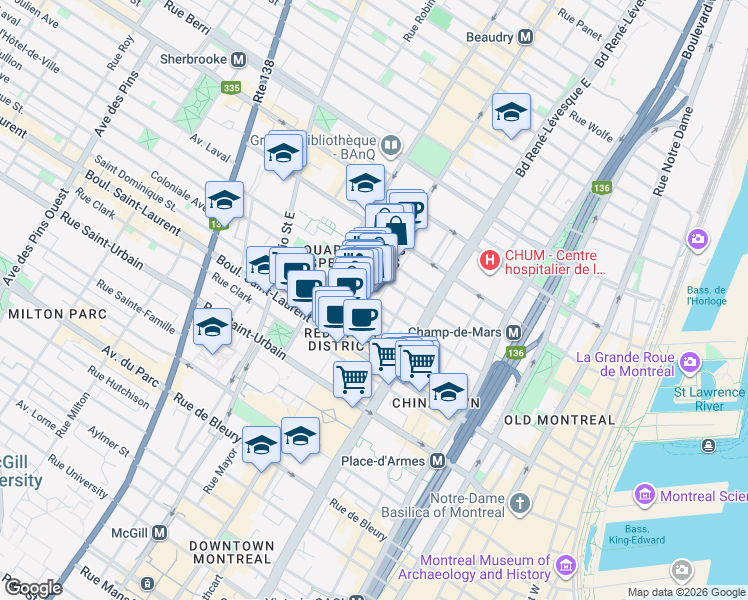 map of restaurants, bars, coffee shops, grocery stores, and more near 1255 Rue De Bullion in Montréal